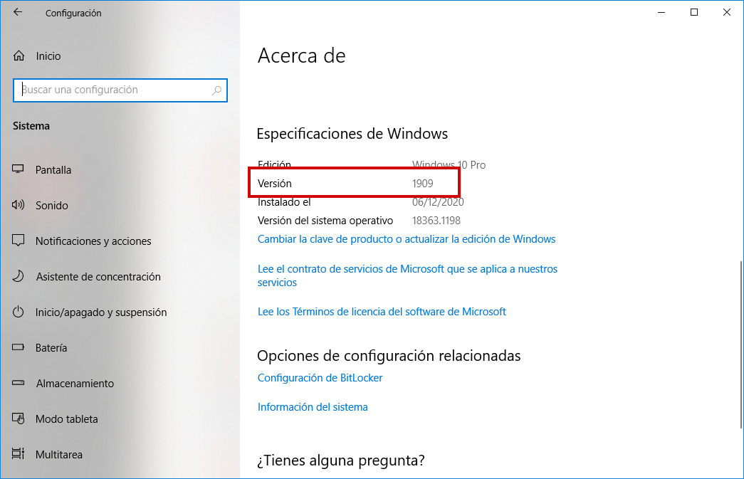 Configuración de Windows - Versión de Windows Update