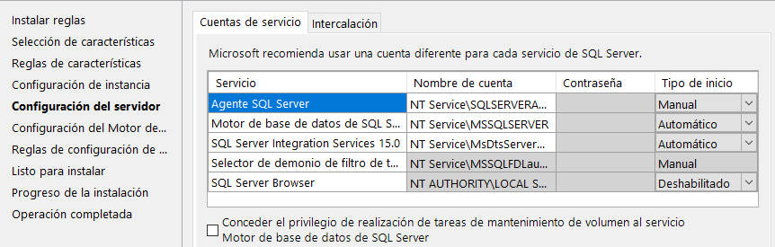 Instalación de SQL Server - Configuración del  servidor