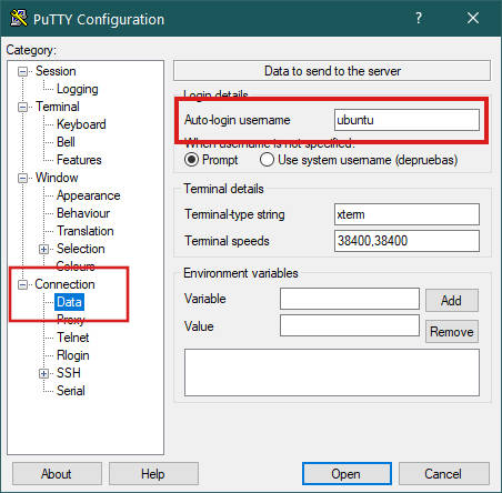 Putty - Usuario de conexión