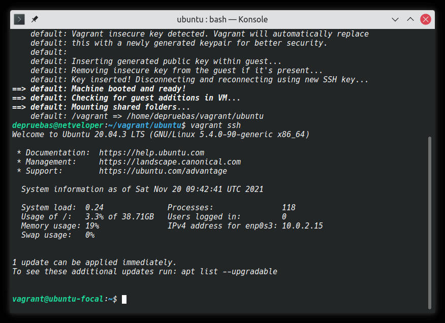 Vagrant ssh - acceso a la maquina virtual Vagrant ssh - acceso a la maquina virtual