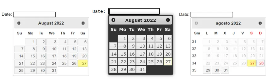 Calendario realizado con JQUERY tres ejemplos diferentes
