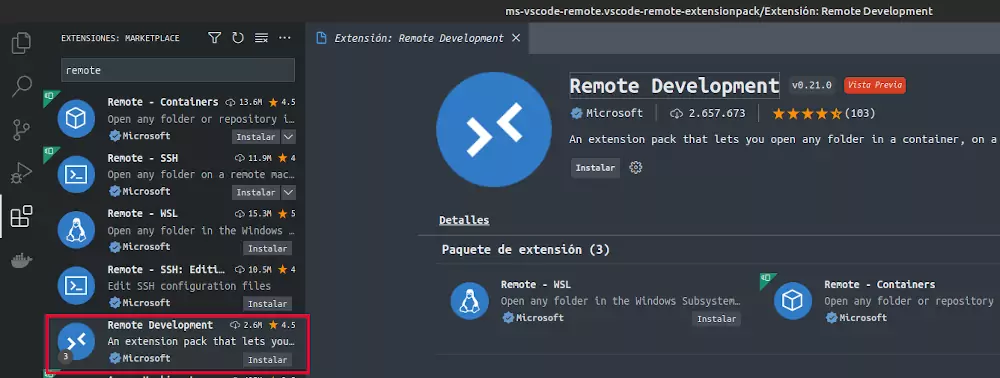Buscar extension Remote Development en Visual Studio Code