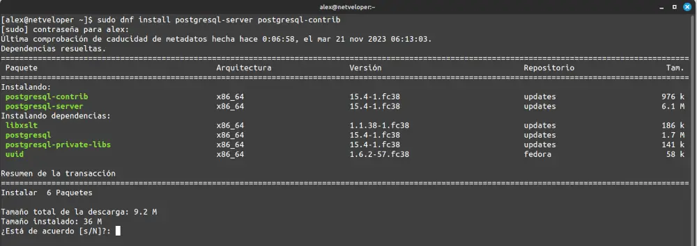 Instalación de postgreSQL en Fedora Server