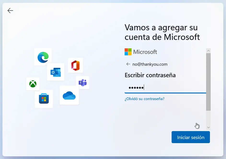 Cuenta de email no thank you para instalar Windows ponemos password
