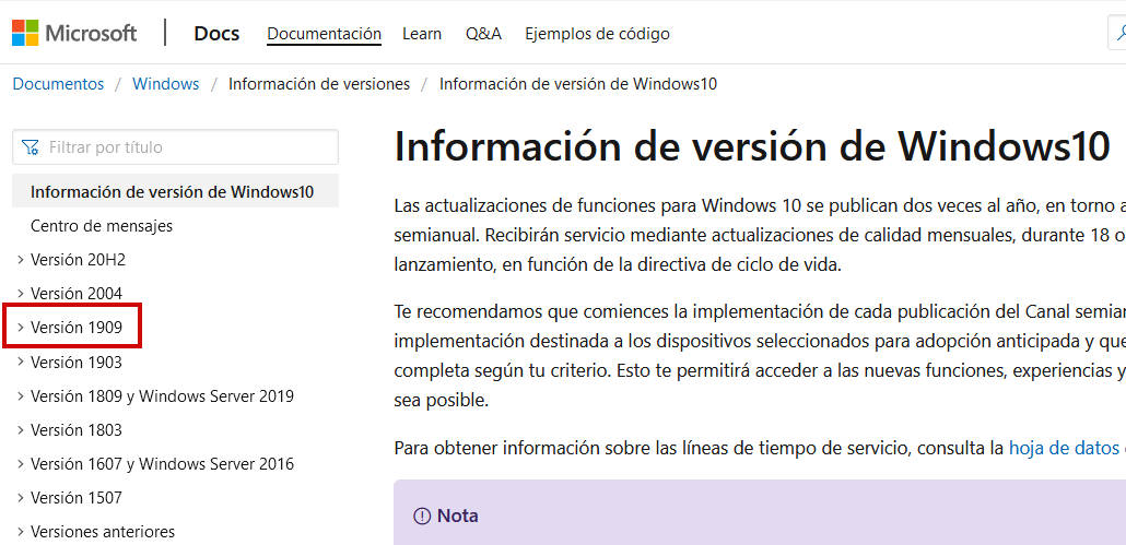 Web de Microsoft - Versión de Windows Update