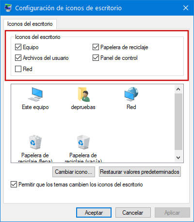 Configuración de Windows - Iconos de escritorio