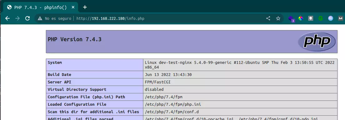 Información de php, test que está bien configurado nginx