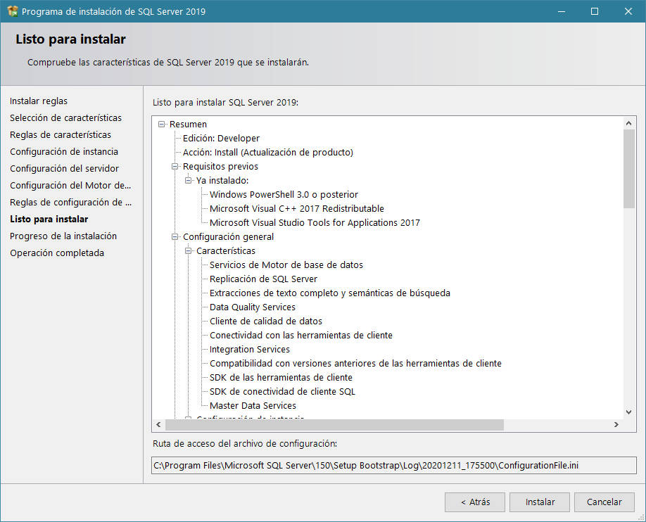 Instalación de SQL Server - Listo para instalar