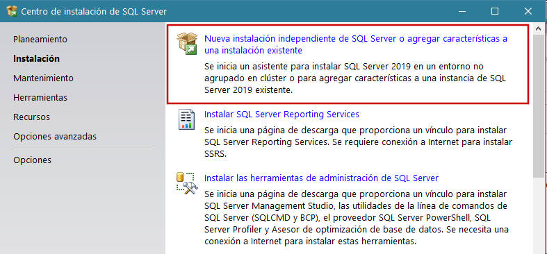 Instalación de SQL Server - Centro de instalación de SQL Server