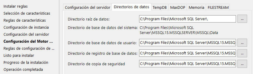 Instalación de SQL Server - Configuración del directorio de datos de SQL Server