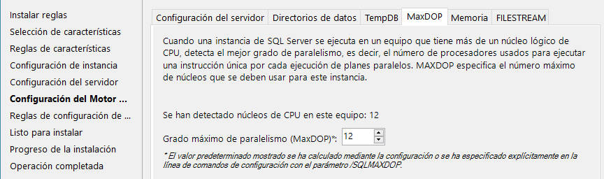 Instalación de SQL Server - Configuración del paralelismo para consultas (MAXDOP)