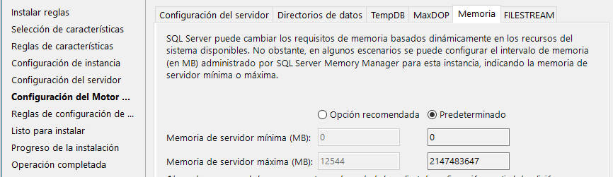 Instalación de SQL Server - Configuración de la memoria
