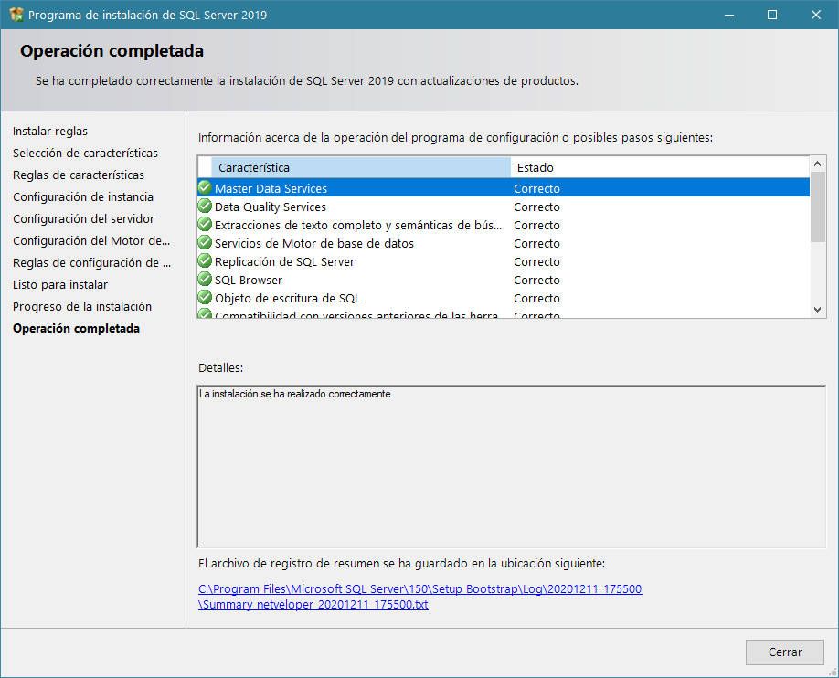 Instalación de SQL Server - Proceso terminado - revisión de lo instalado