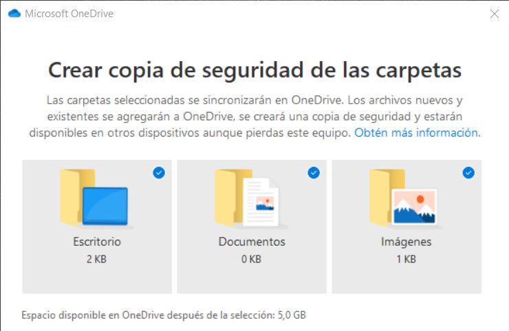 Opción de utilizar OneDrive como copias de seguridad