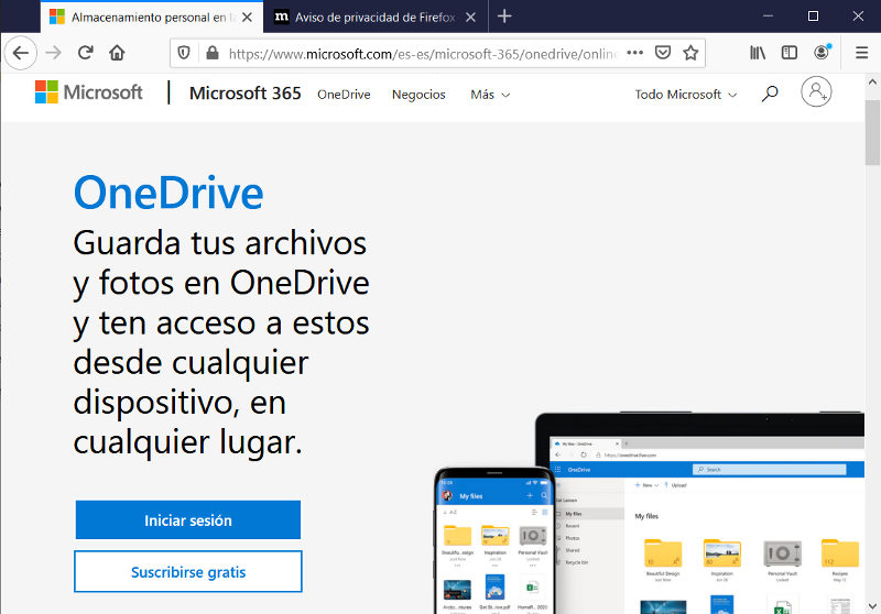 Web para registrarse gratuitamente en OneDrive