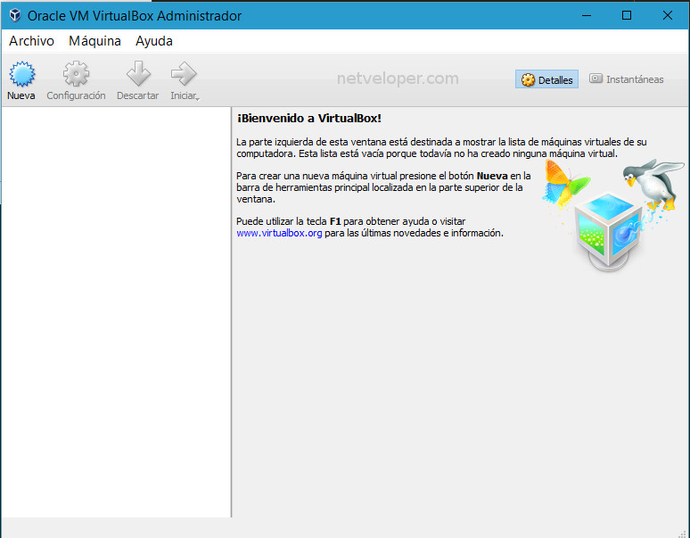 Pantalla de VirtualBox VirtualBox, creacion de una nueva maquina virtual