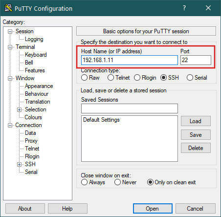 Putty - ponemos a IP del servidor donde nos conectaremos